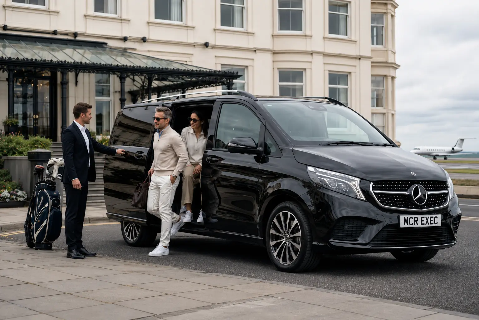 Black Mercedes V-Class arriving at a premium Lytham hotel for a chauffeur-led golf tour