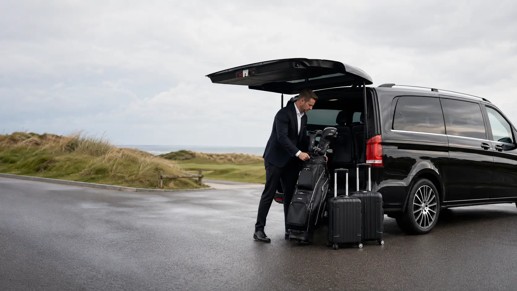 Black Mercedes V-Class with golf bags for a private North West England golf tour