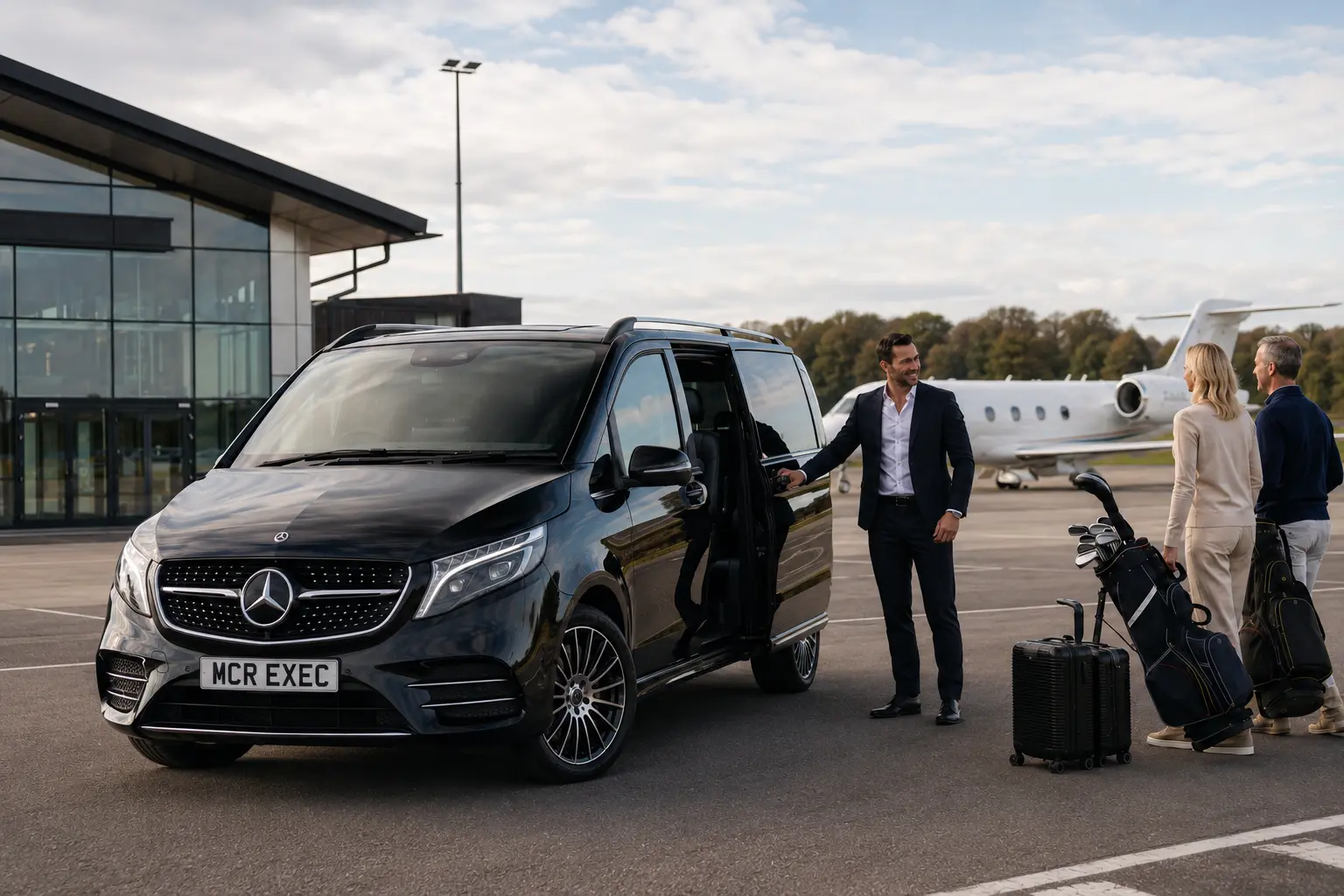 Private aviation arrival with chauffeur-led golf transport in a Mercedes V-Class