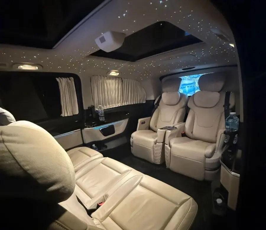 Customised Mercedes V-Class Jet Class interior with reclining captain seats and starlight ceiling