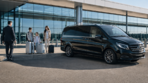 Family with luggage meeting a chauffeur beside a black Mercedes V-Class at an airport terminal.