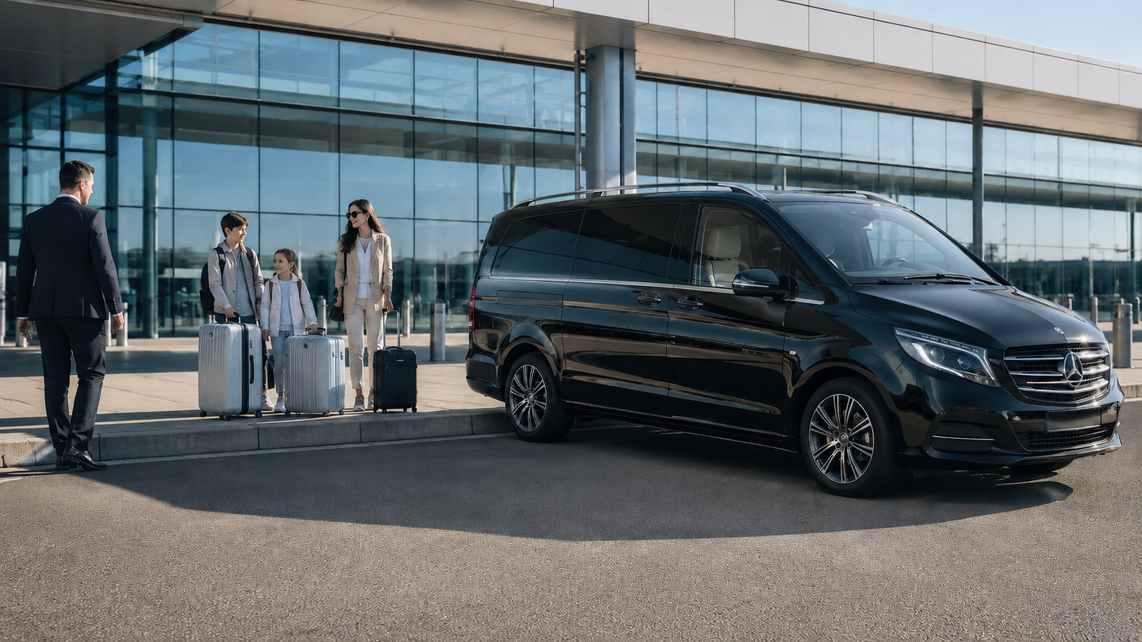 Family with luggage meeting a chauffeur beside a black Mercedes V-Class at an airport terminal.