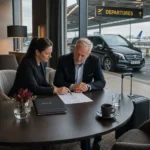 A business traveller and coordinator review an accessible airport journey plan while an MCR EXEC executive vehicle waits outside the departures area.