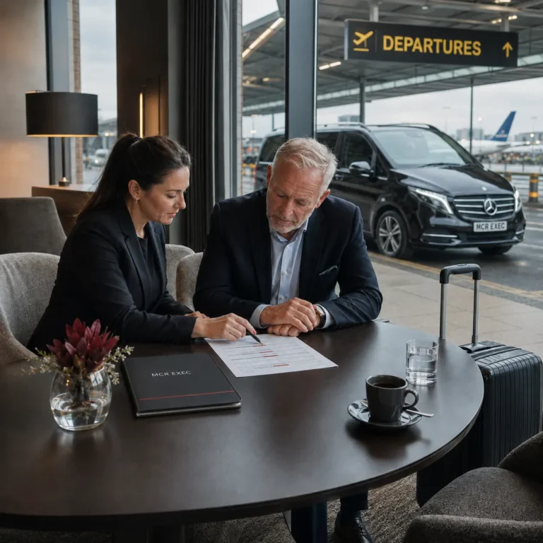 A business traveller and coordinator review an accessible airport journey plan while an MCR EXEC executive vehicle waits outside the departures area.