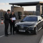 MCR EXEC chauffeur and event coordinator reviewing a transport plan beside an executive Mercedes-Benz at a controlled venue entrance.