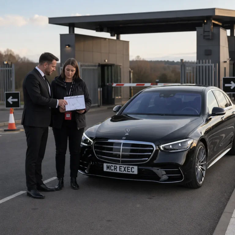MCR EXEC chauffeur and event coordinator reviewing a transport plan beside an executive Mercedes-Benz at a controlled venue entrance.