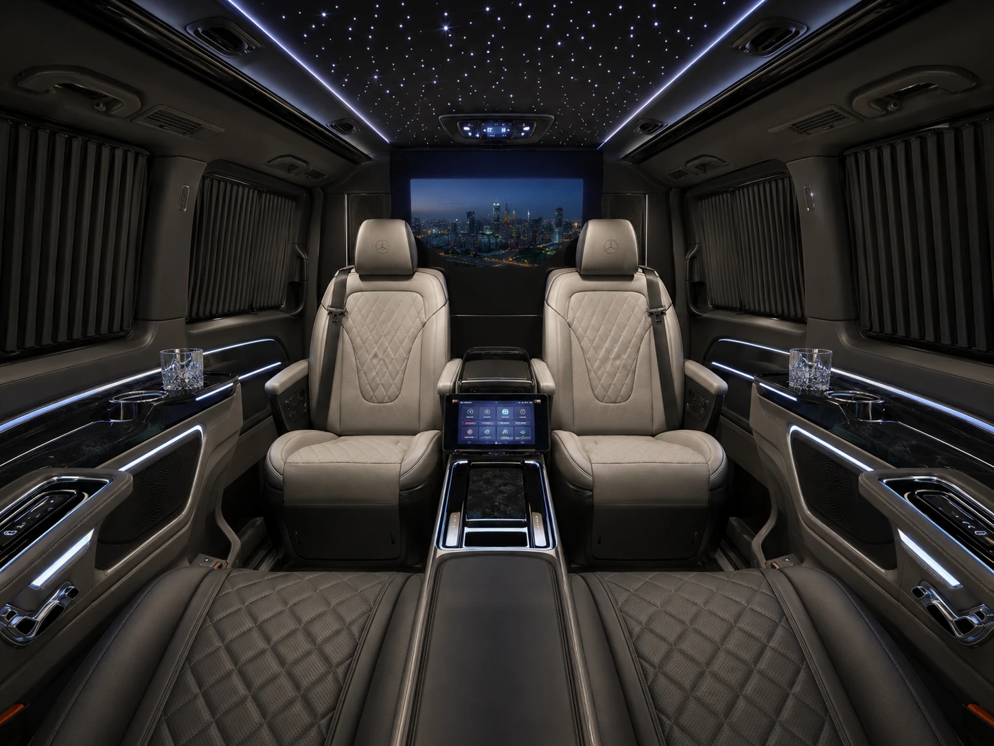 Customised Mercedes V-Class interior with quilted leather seats, ambient lighting and executive passenger cabin