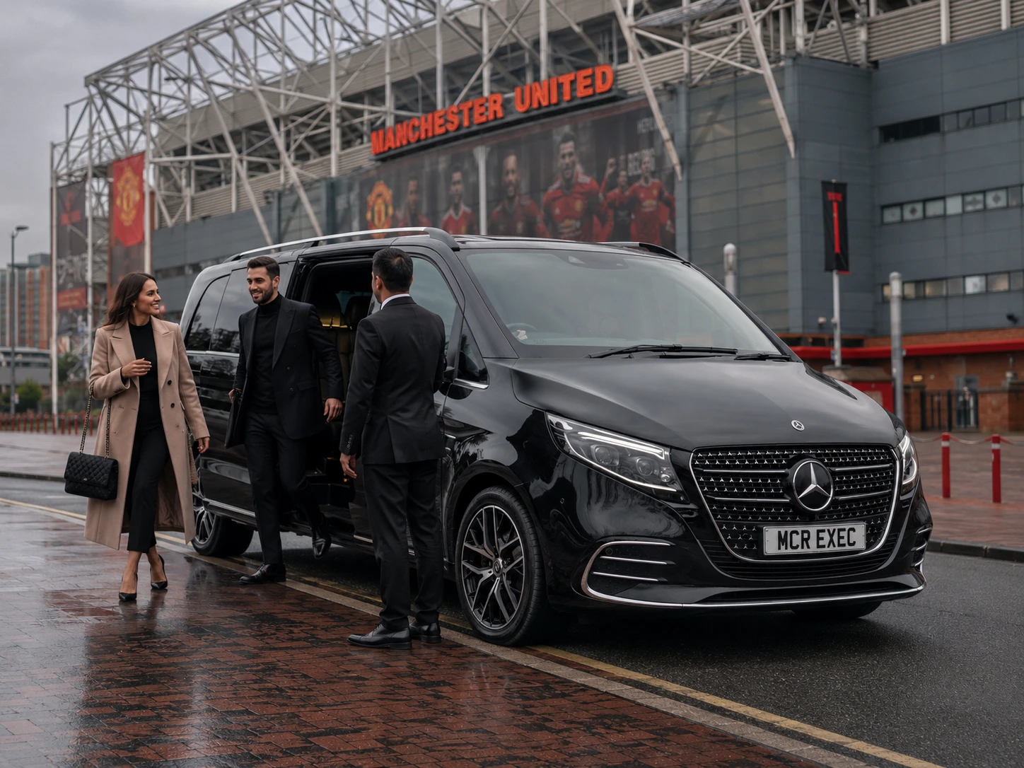 VIP guests arriving by black Mercedes V-Class with MCR EXEC number plate outside Old Trafford