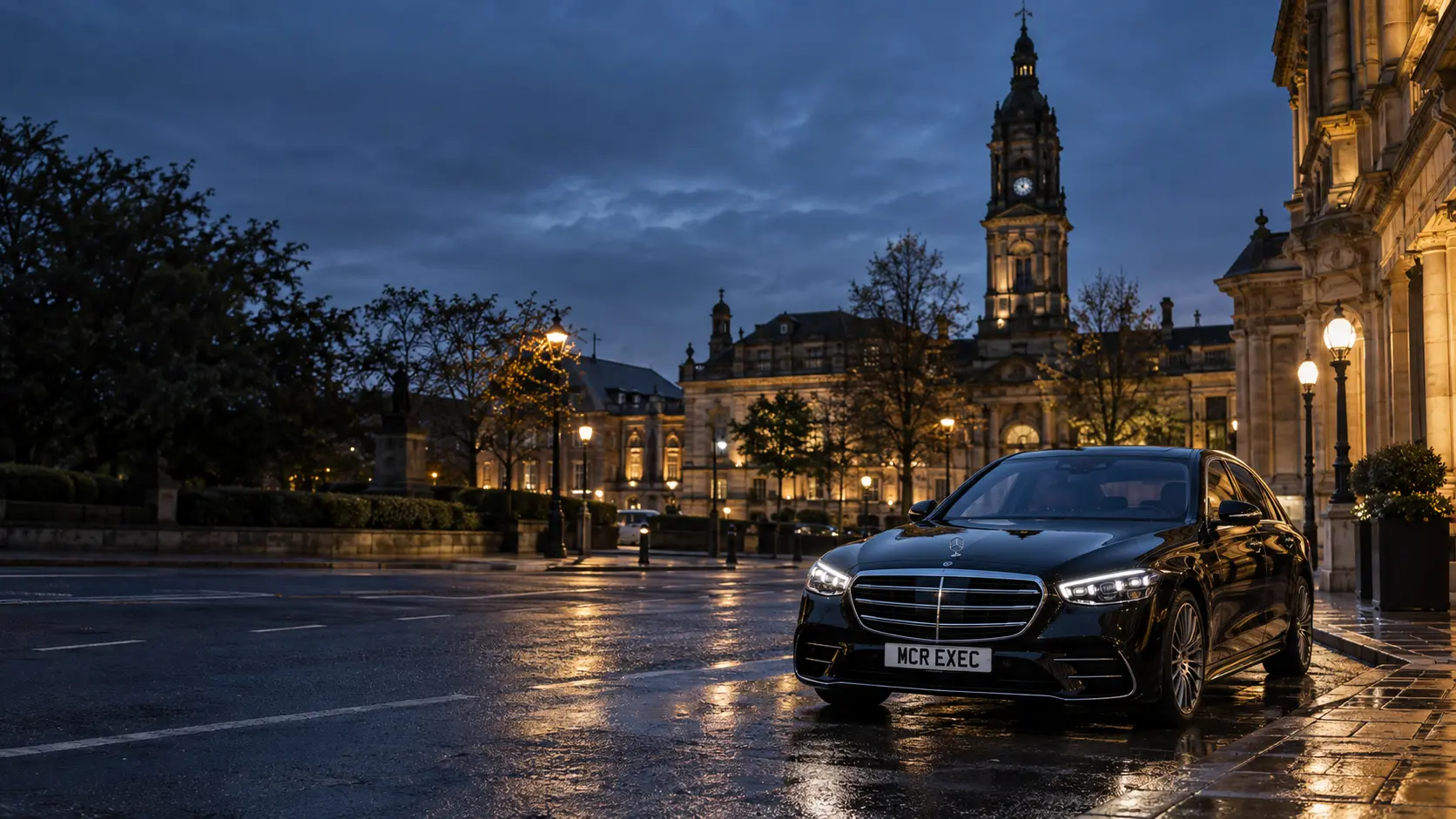 Blackburn civic business setting at dusk with a black MCR EXEC Mercedes