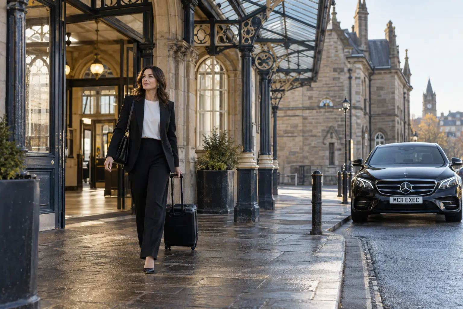Business traveller leaving Blackburn rail station for an MCR EXEC chauffeur collection