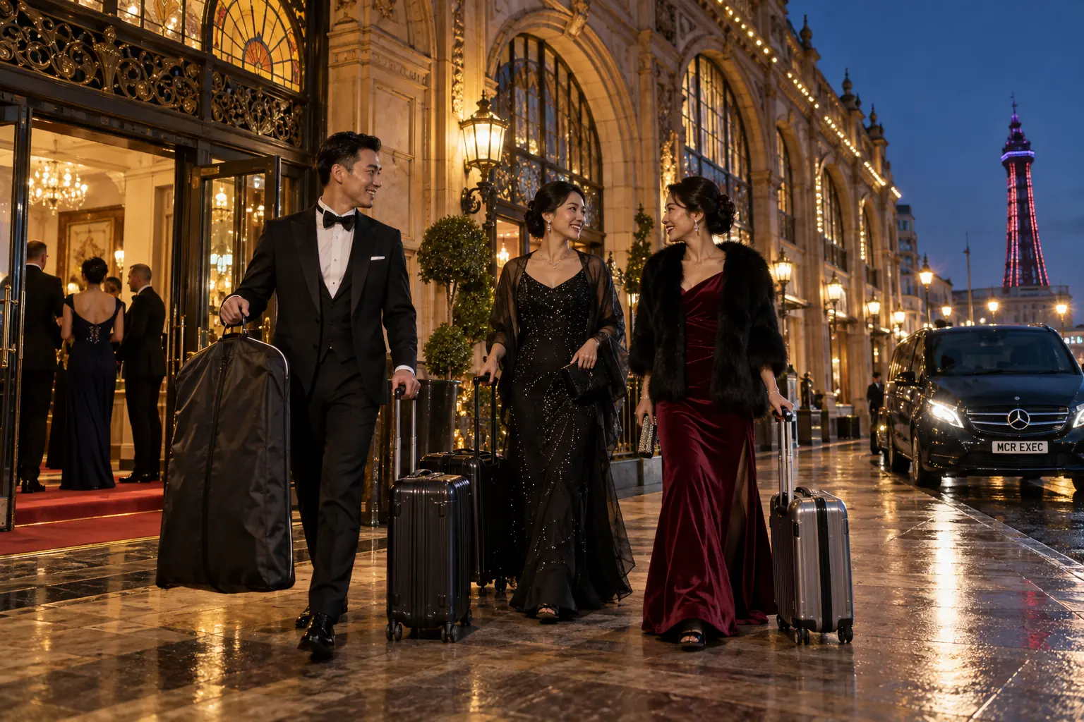 International ballroom dance guests arriving for a Blackpool event programme