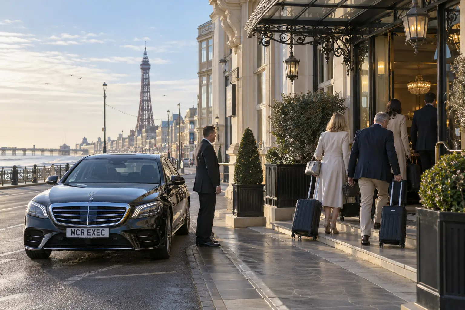 Guests with luggage at a Blackpool Promenade hotel with an MCR EXEC Mercedes
