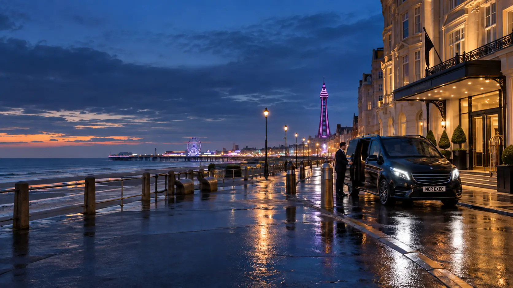 Blackpool Promenade and Tower at dusk for an executive chauffeur arrival
