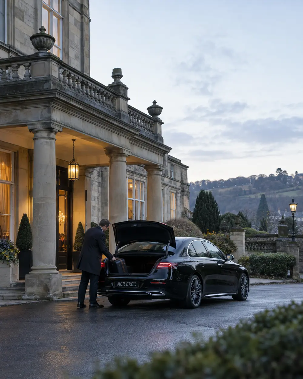 Black Mercedes outside a Buxton hotel before a pre-booked Heathrow journey