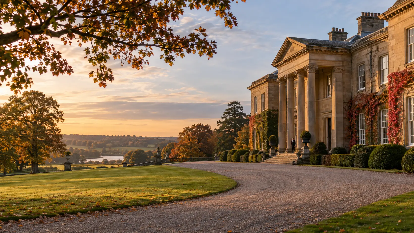 Refined Cheshire country estate and landscaped grounds in warm evening light.