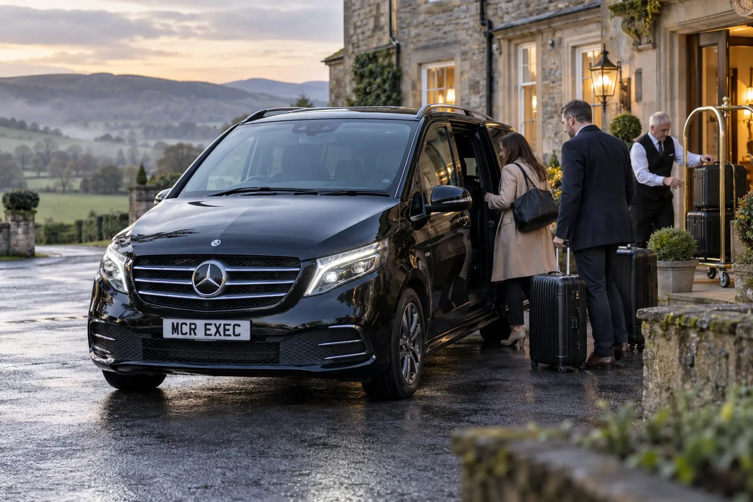 Family luggage being loaded for a long-distance chauffeur departure from a Ribble Valley hotel