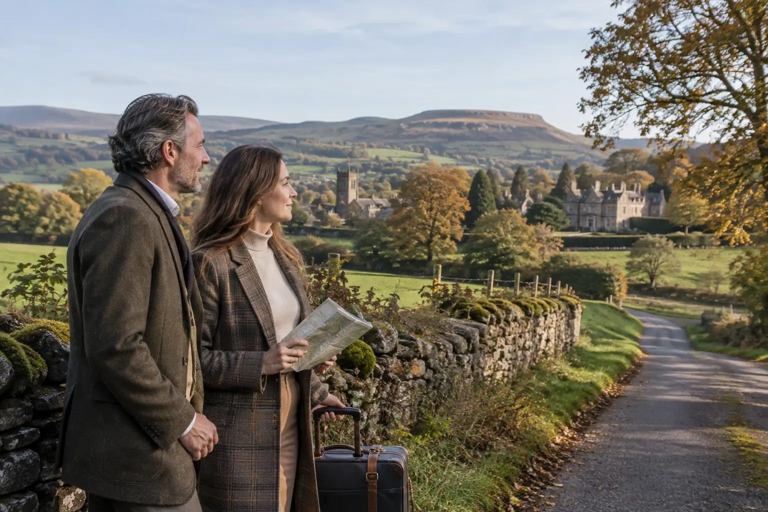 Visitors planning a private Clitheroe itinerary in the Ribble Valley countryside near Waddington