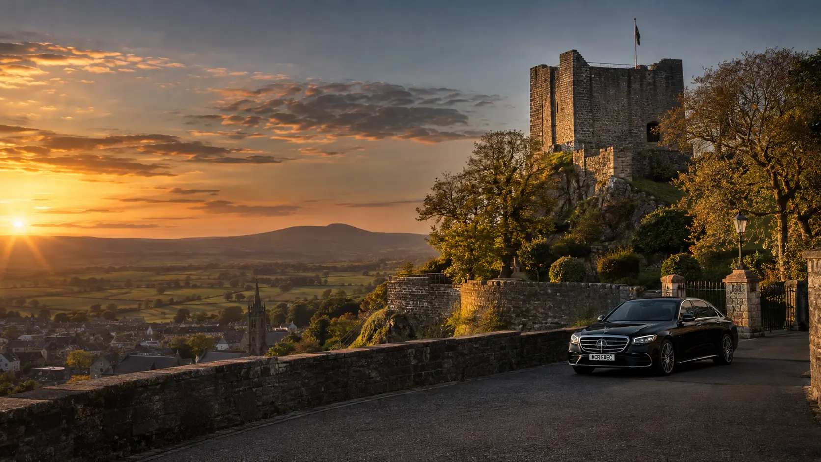 Clitheroe Castle and the Ribble Valley with a discreet black MCR EXEC Mercedes