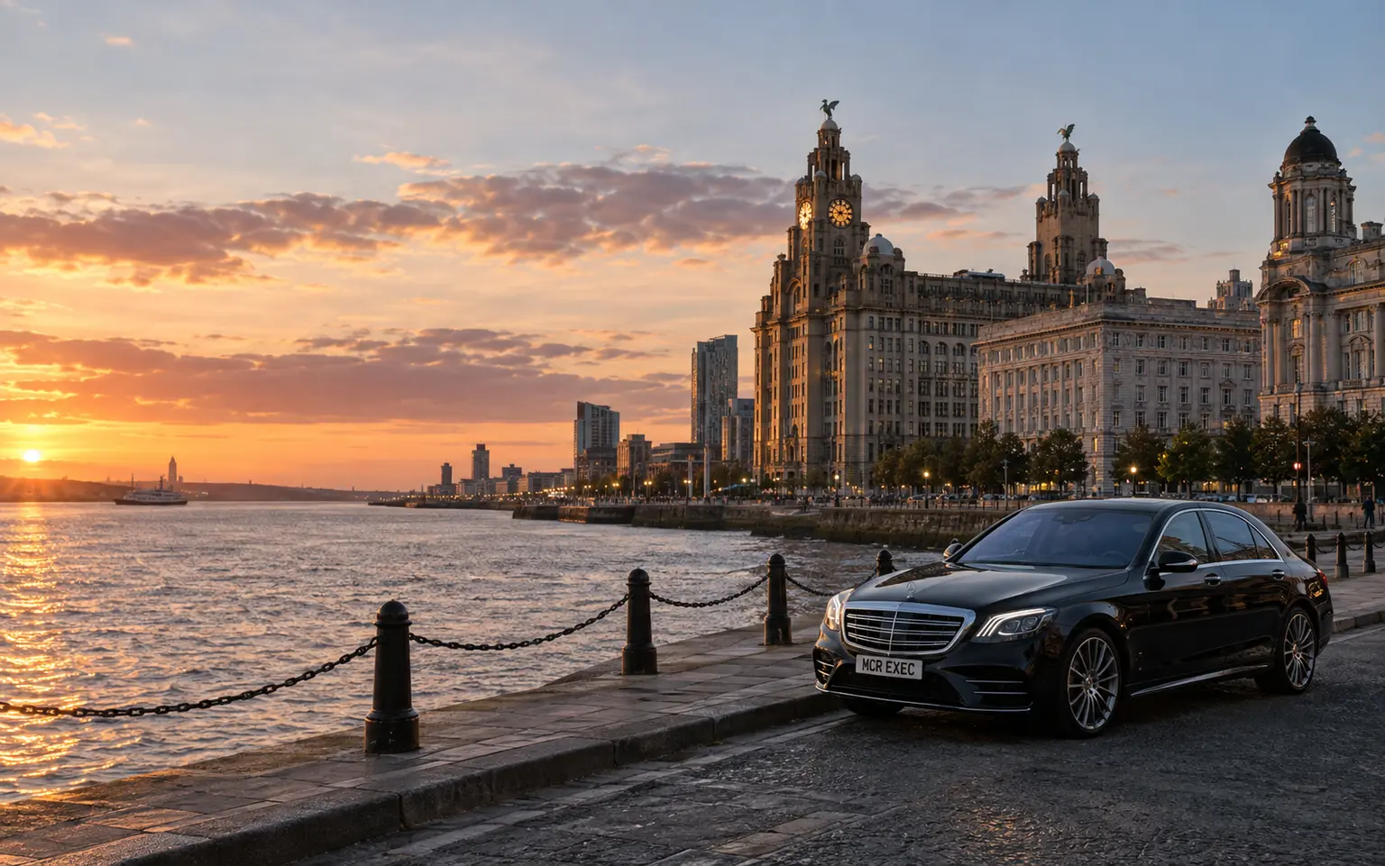 Formby to Liverpool waterfront chauffeur travel in a 2026 Mercedes S-Class
