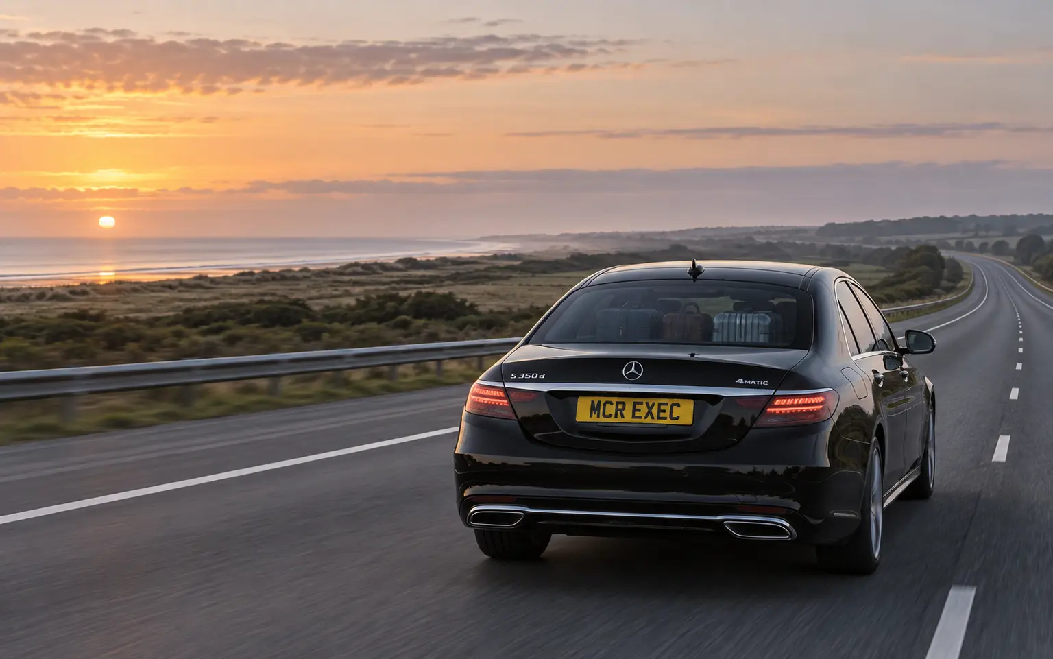 2026 Mercedes S-Class on a long-distance chauffeur journey from Formby