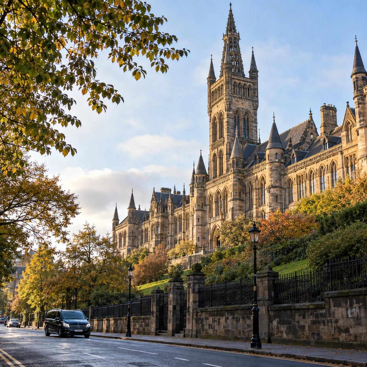 Illustrative V-Class passing the University of Glasgow in the West End