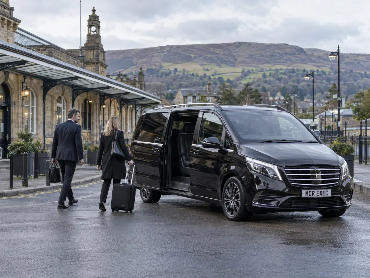 Business travellers preparing for a pre-booked Glossop to Manchester chauffeur journey