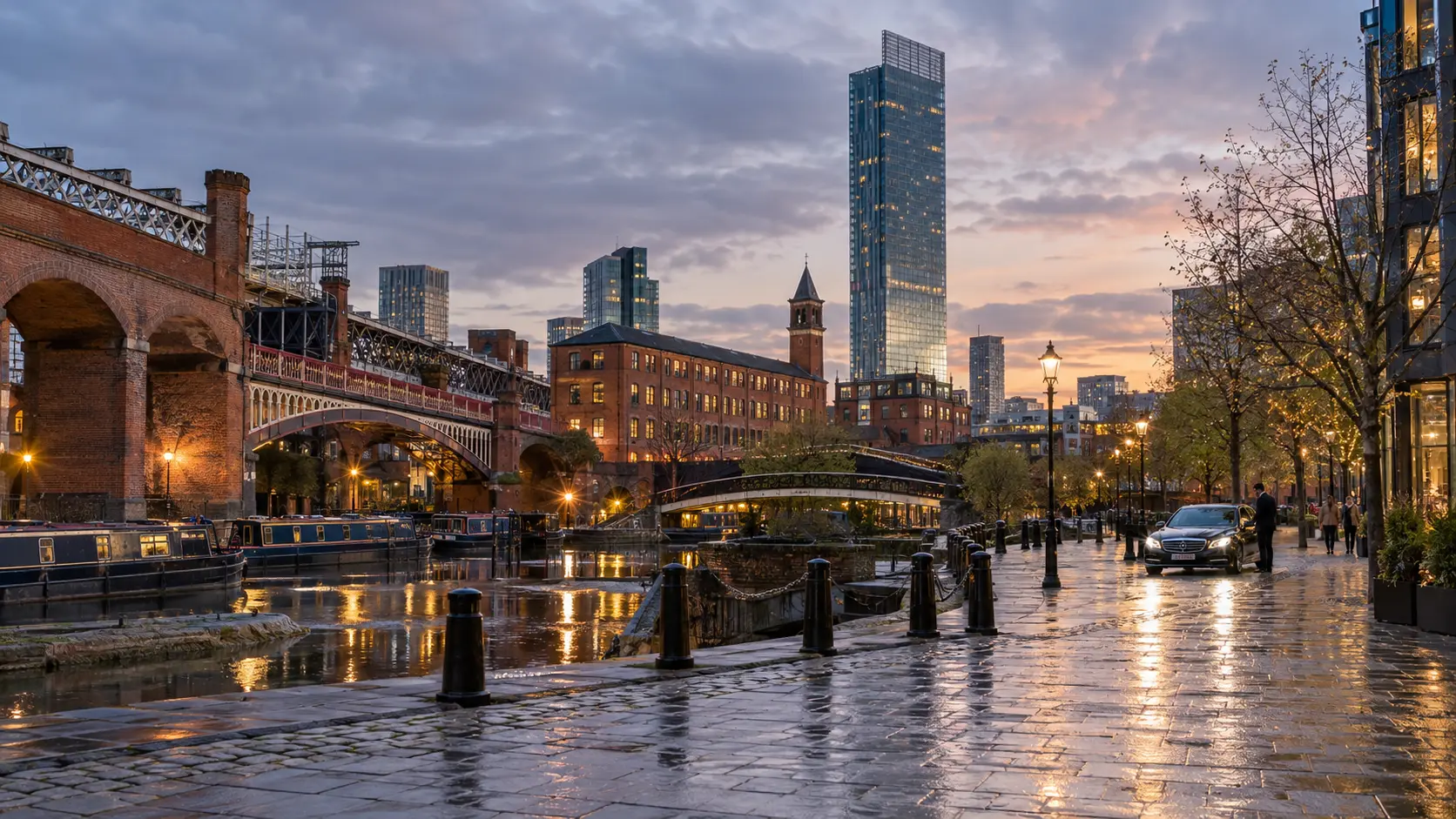 Castlefield waterfront and Manchester skyline at dusk, with a discreet executive chauffeur vehicle in the background.