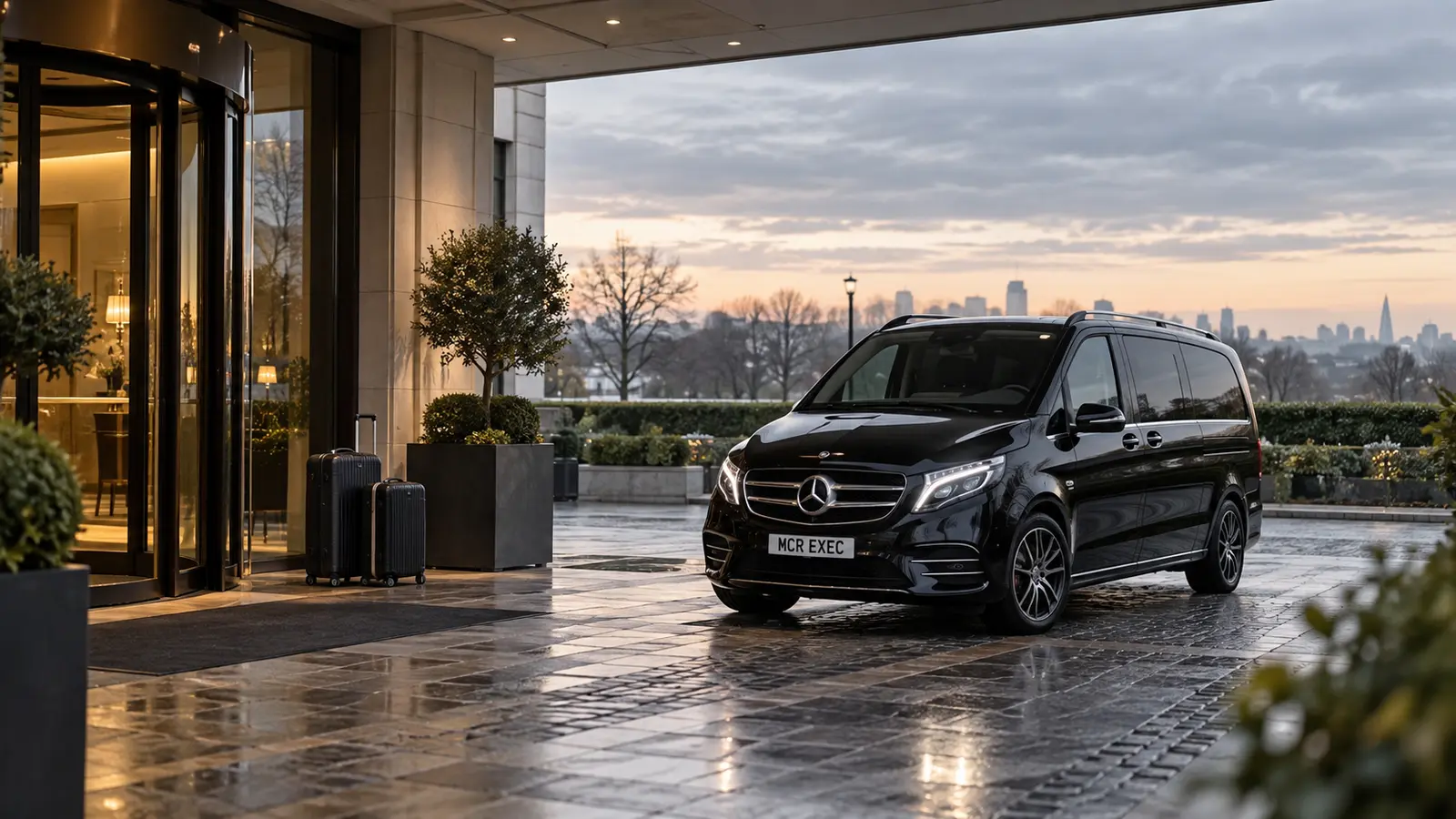 MCR EXEC Mercedes V-Class prepared outside a London airport hotel for a northbound journey