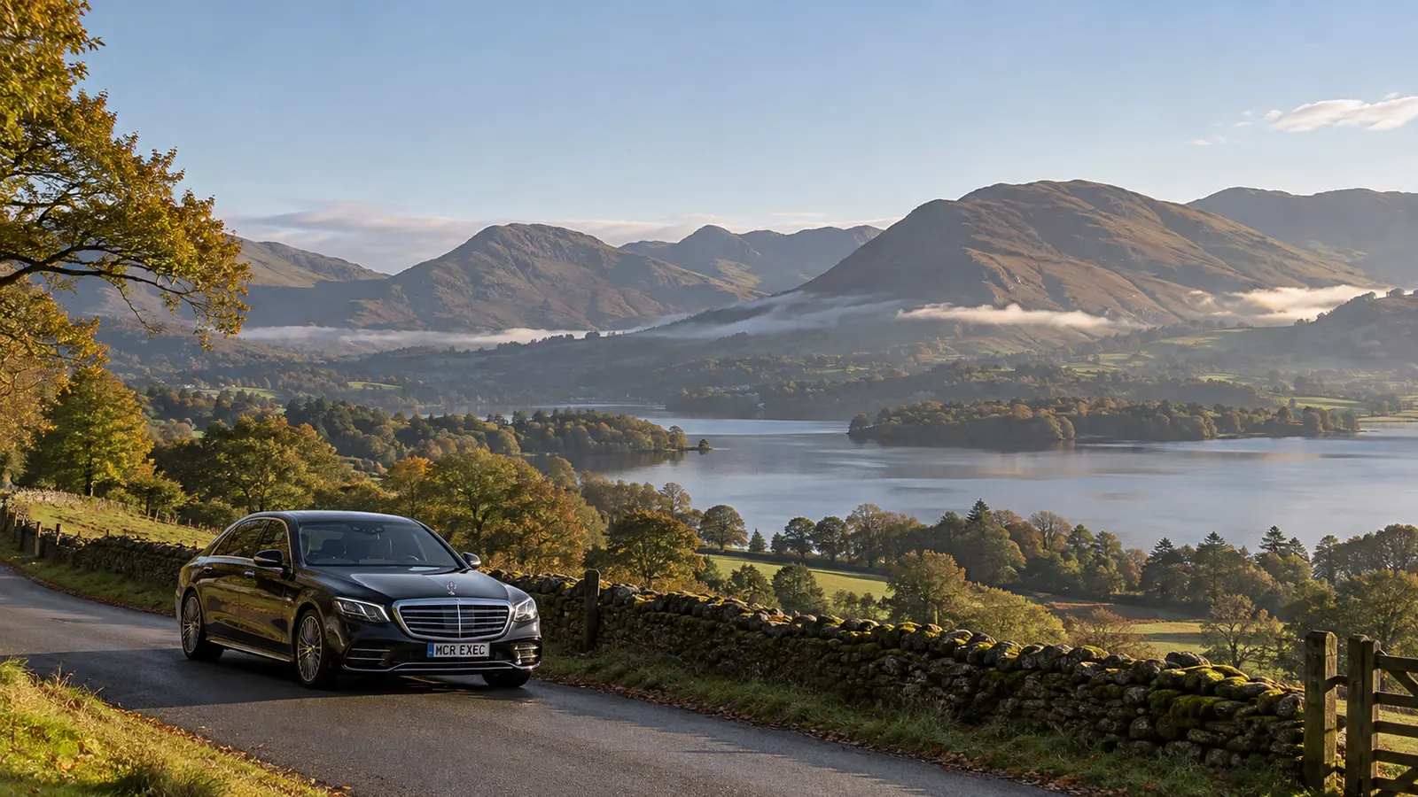 Mercedes S-Class on a long-distance chauffeur journey from Manchester.