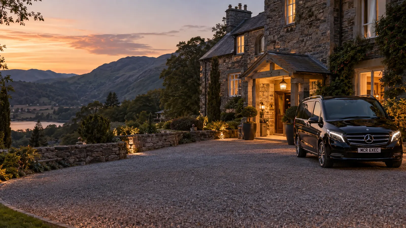 Black MCR EXEC Mercedes arriving at an independent Lake District luxury hotel