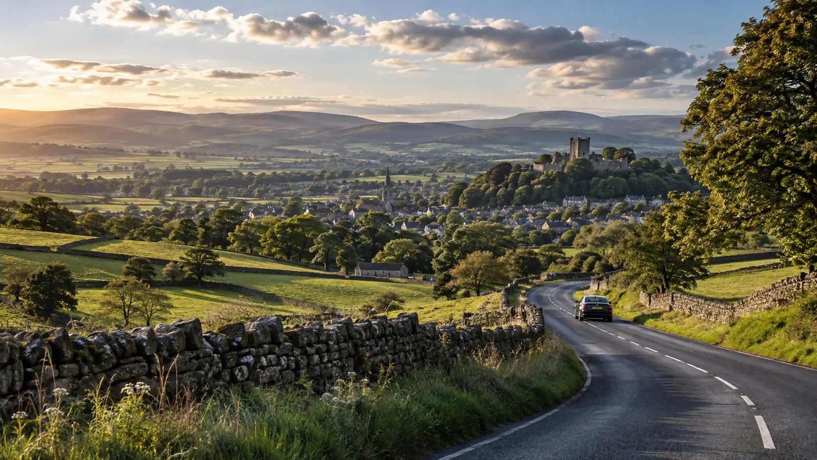 Ribble Valley landscape with Clitheroe Castle and a discreet executive vehicle on a country road.