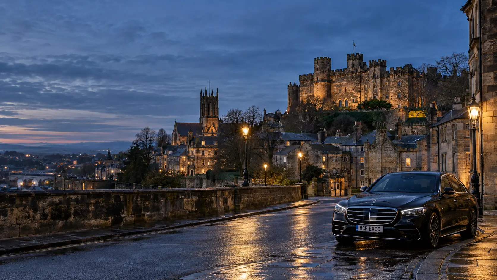 Lancaster Castle at dusk with a discreet black MCR EXEC Mercedes
