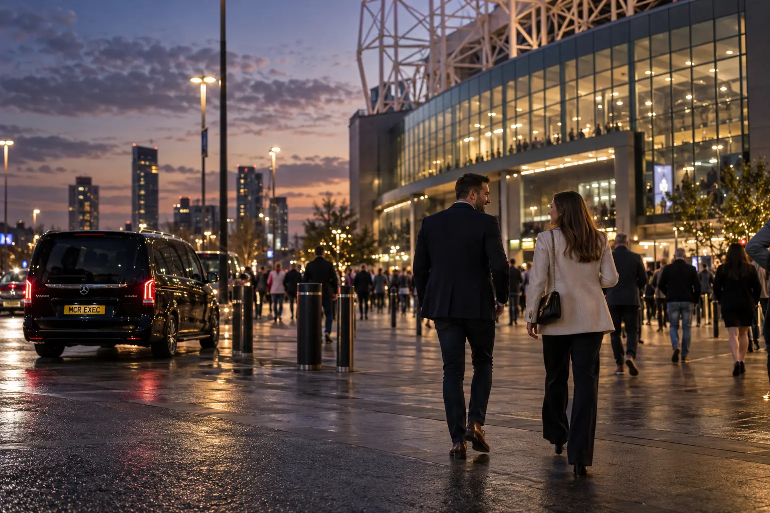 Guests arriving for a Manchester event after a planned Lancaster chauffeur journey