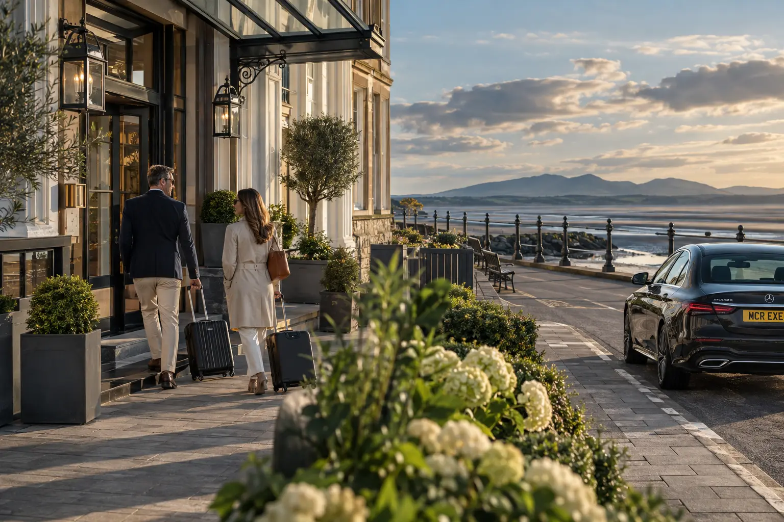 Guests arriving at a Morecambe Bay hotel for a planned Lancaster chauffeur itinerary