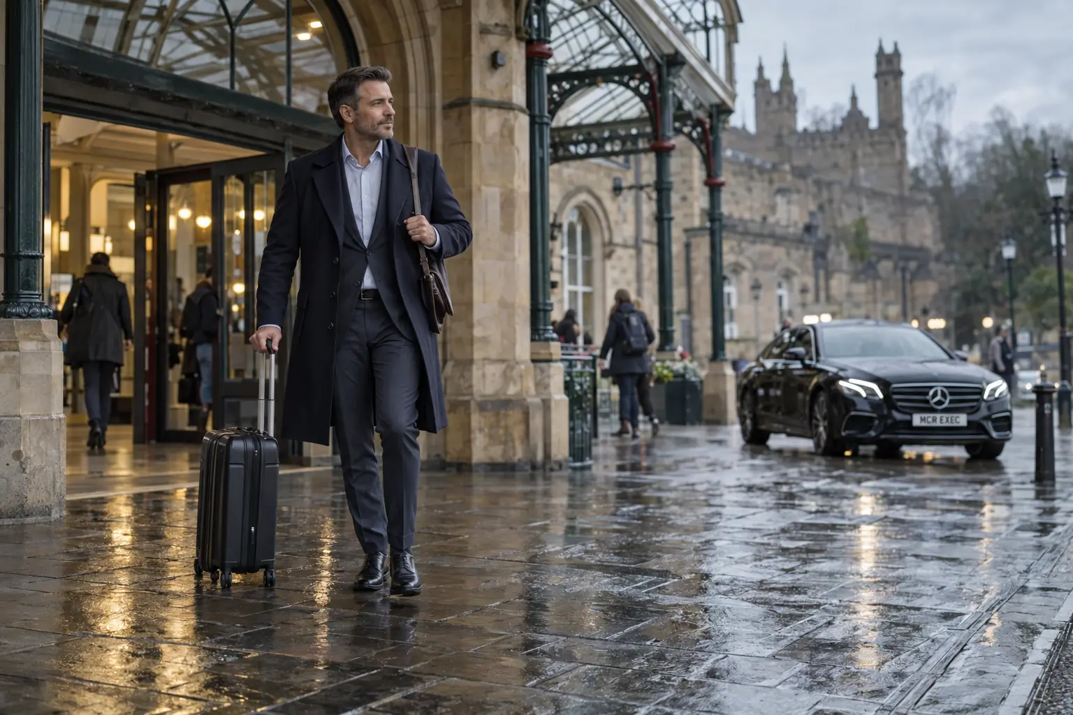 Business traveller leaving Lancaster rail station for a pre-booked executive connection