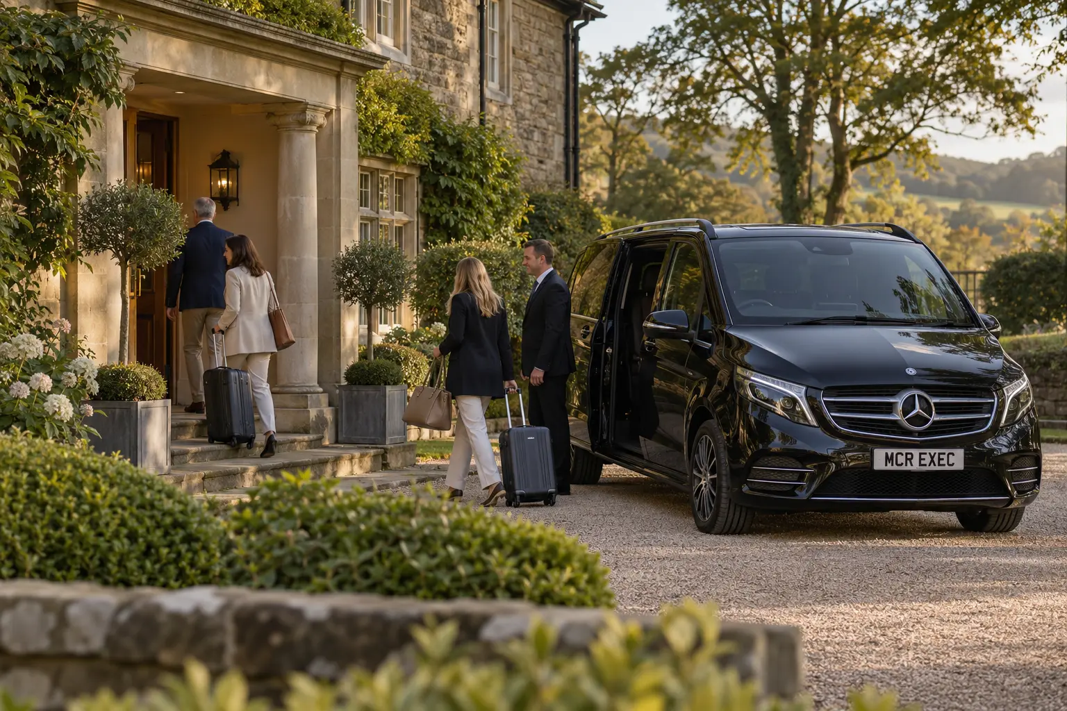 Guests arriving at a Langho country hotel in a black MCR EXEC Mercedes V-Class