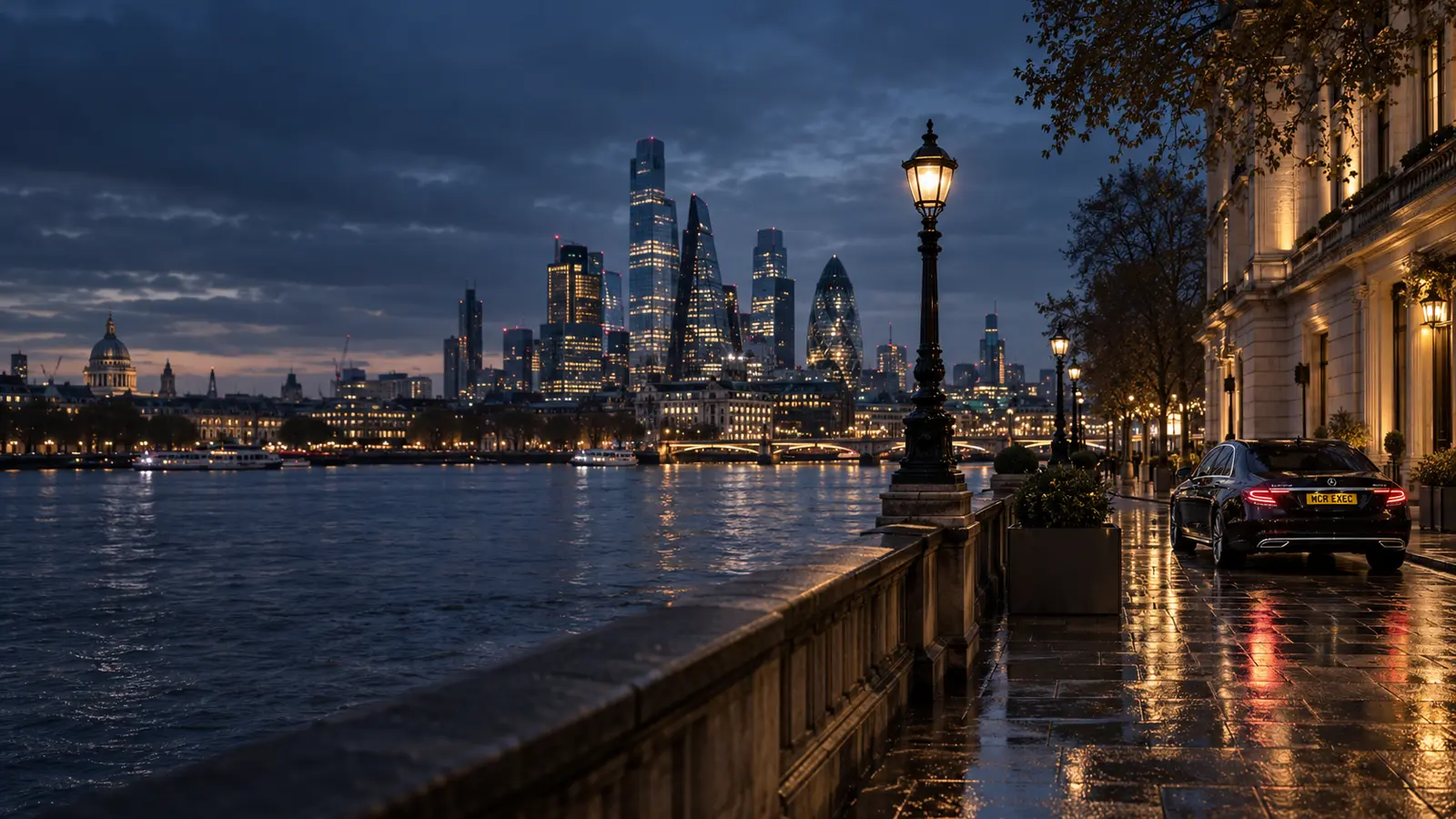 London skyline at dusk with an MCR EXEC Mercedes for planned northbound chauffeur travel