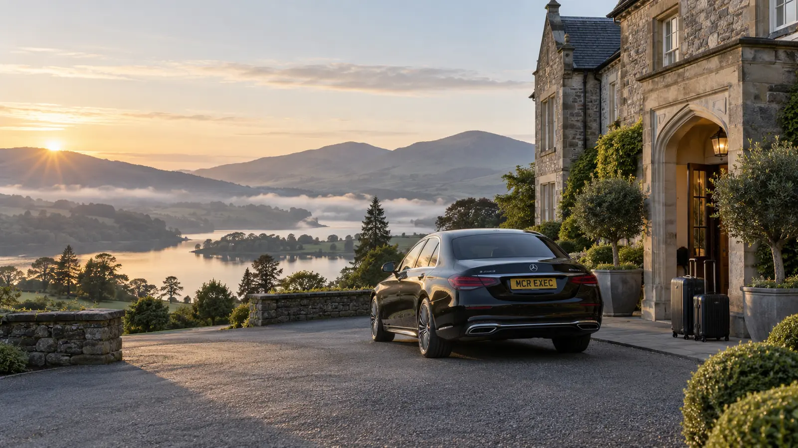 MCR EXEC Mercedes arriving for a Lake District hotel stay on a multi-day UK itinerary