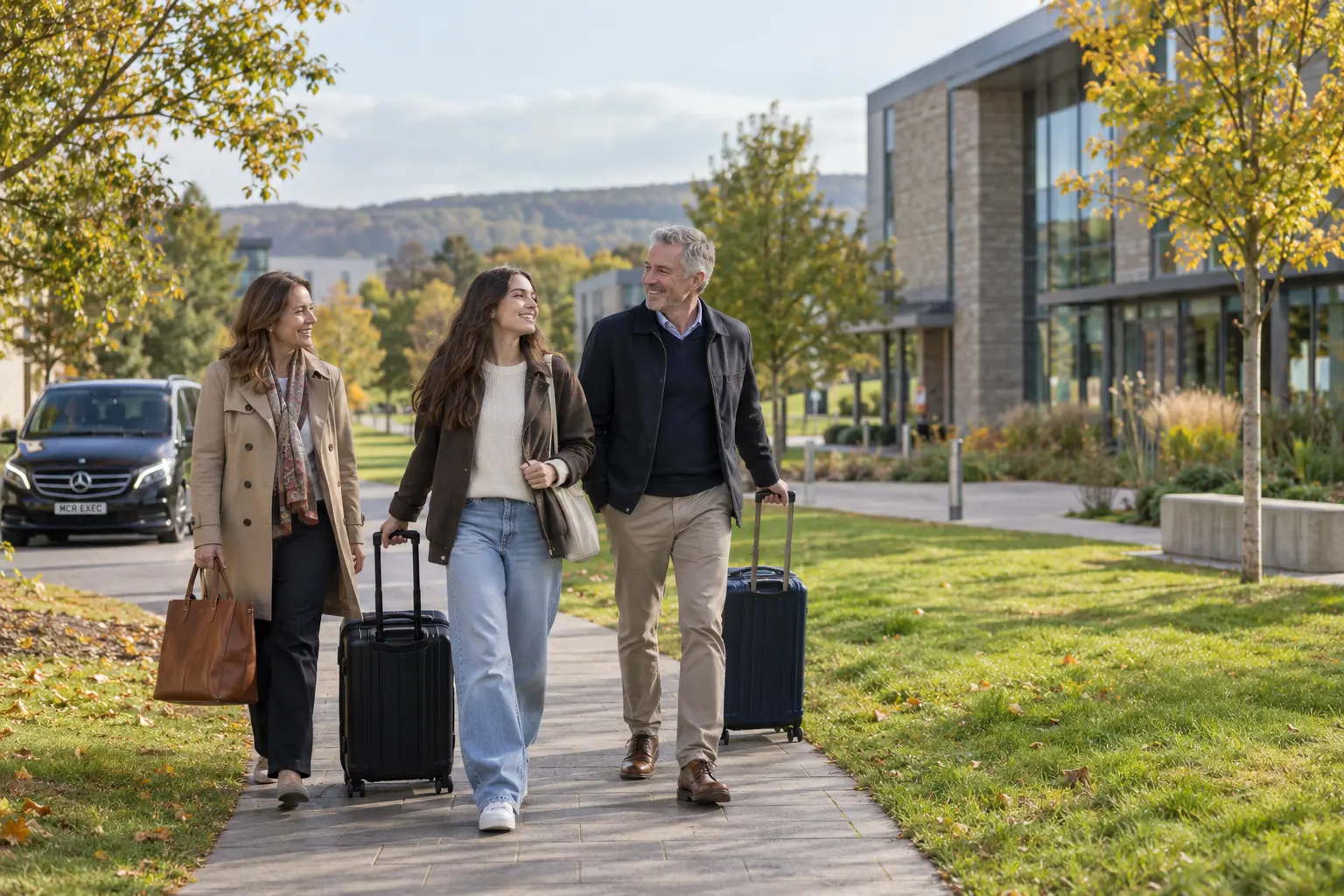 Family arriving at Lancaster University with luggage and a discreet MCR EXEC V-Class