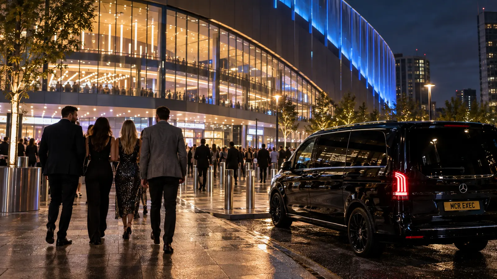 Guests arriving for a Manchester arena itinerary with an MCR EXEC customised V-Class