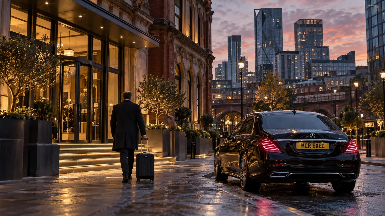 MCR EXEC Mercedes arriving in Manchester for a London-origin business itinerary