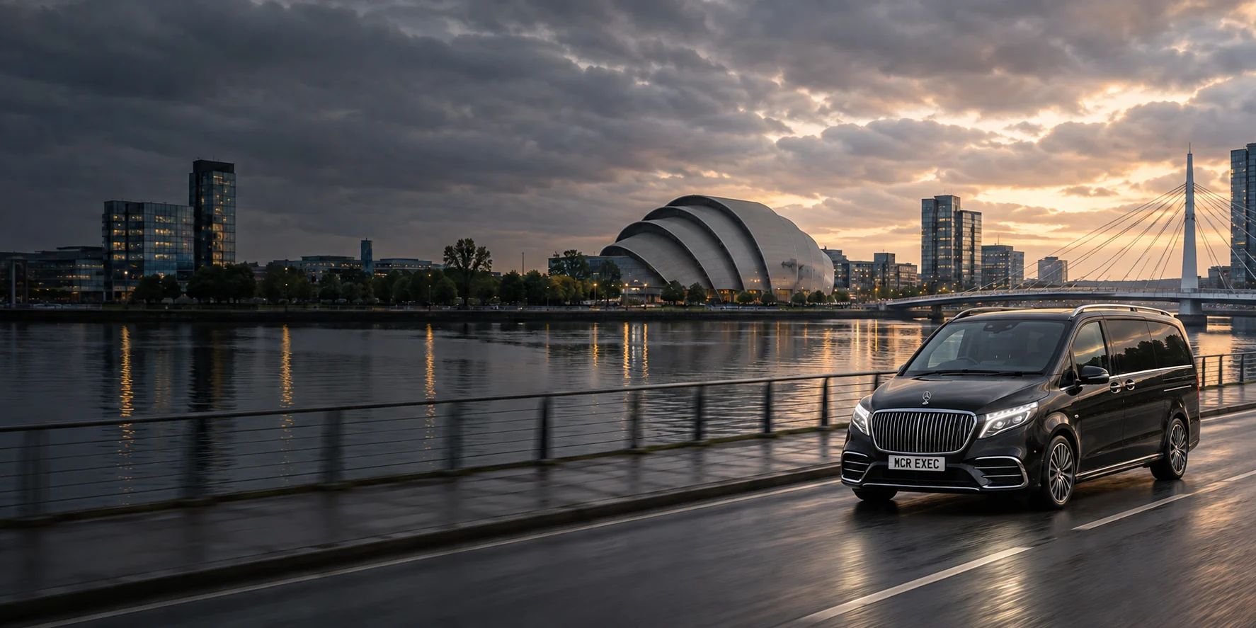 Illustrative black Mercedes V-Class near Glasgow's SEC Armadillo and River Clyde