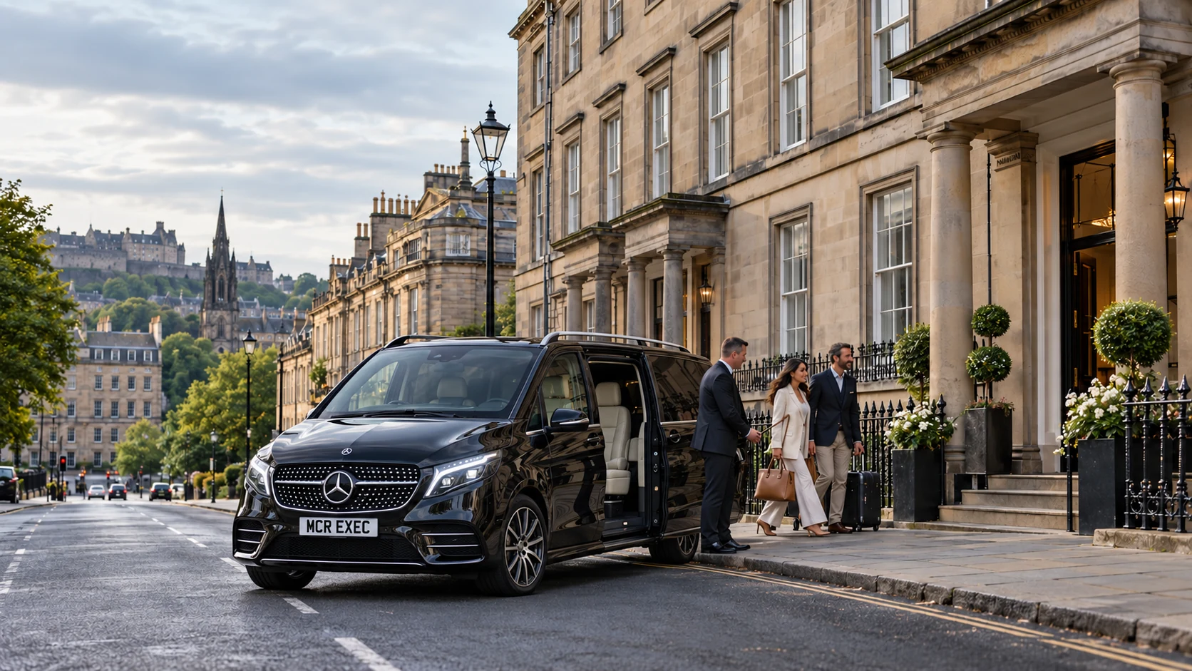 Customised Mercedes V-Class chauffeur arrival in Edinburgh