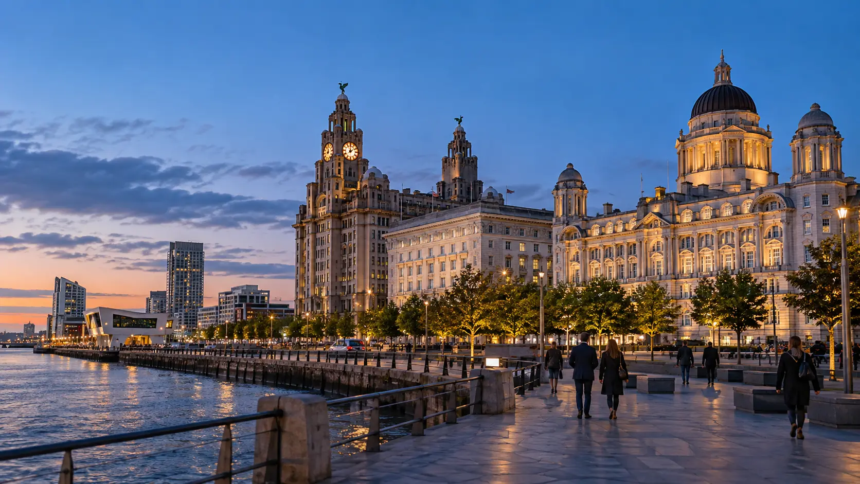 Liverpool waterfront and the Three Graces at blue hour.