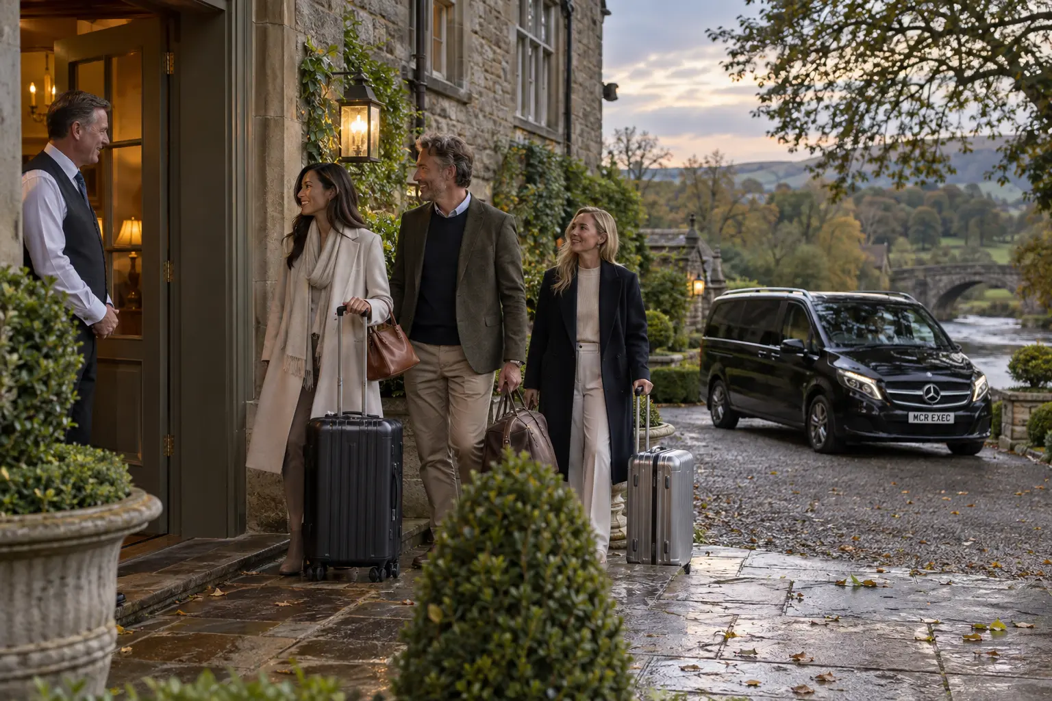 International guests arriving with luggage at a Ribble Valley country hotel beside a black MCR EXEC V-Class