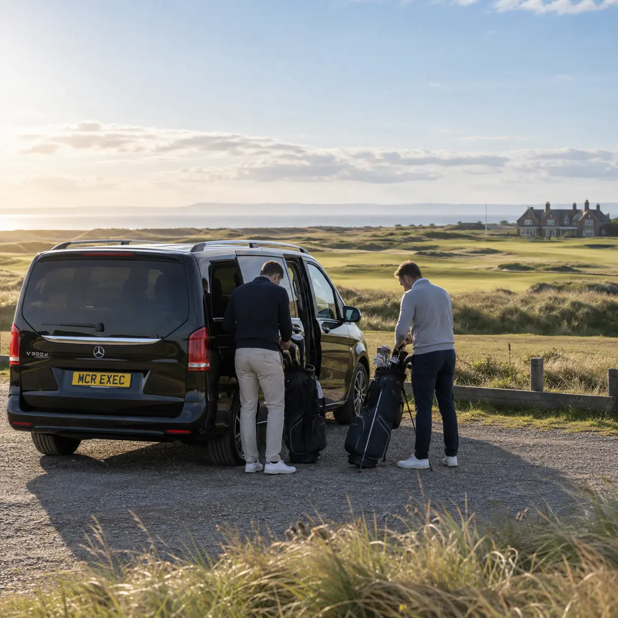 Golf bags beside a black MCR EXEC V-Class for a Lytham St Annes itinerary