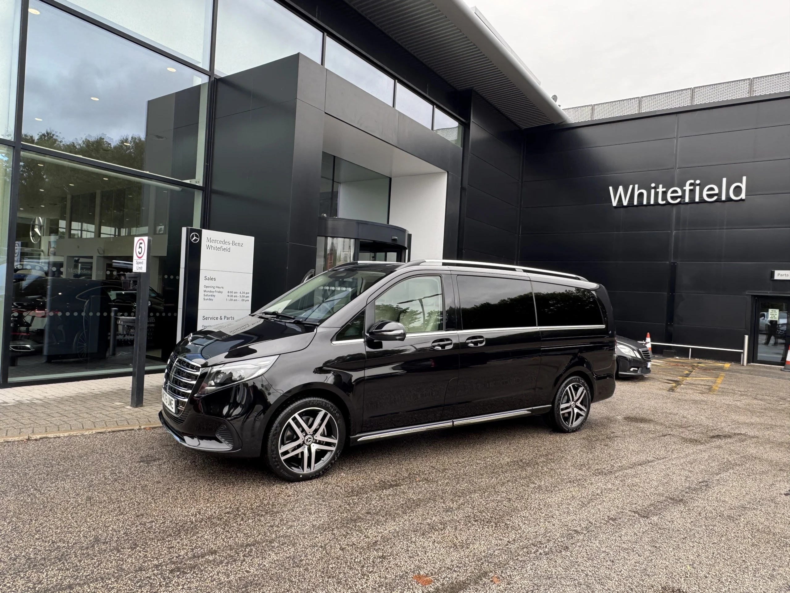 Black Mercedes V300 Exclusive from MCR EXEC outside Mercedes-Benz Whitefield
