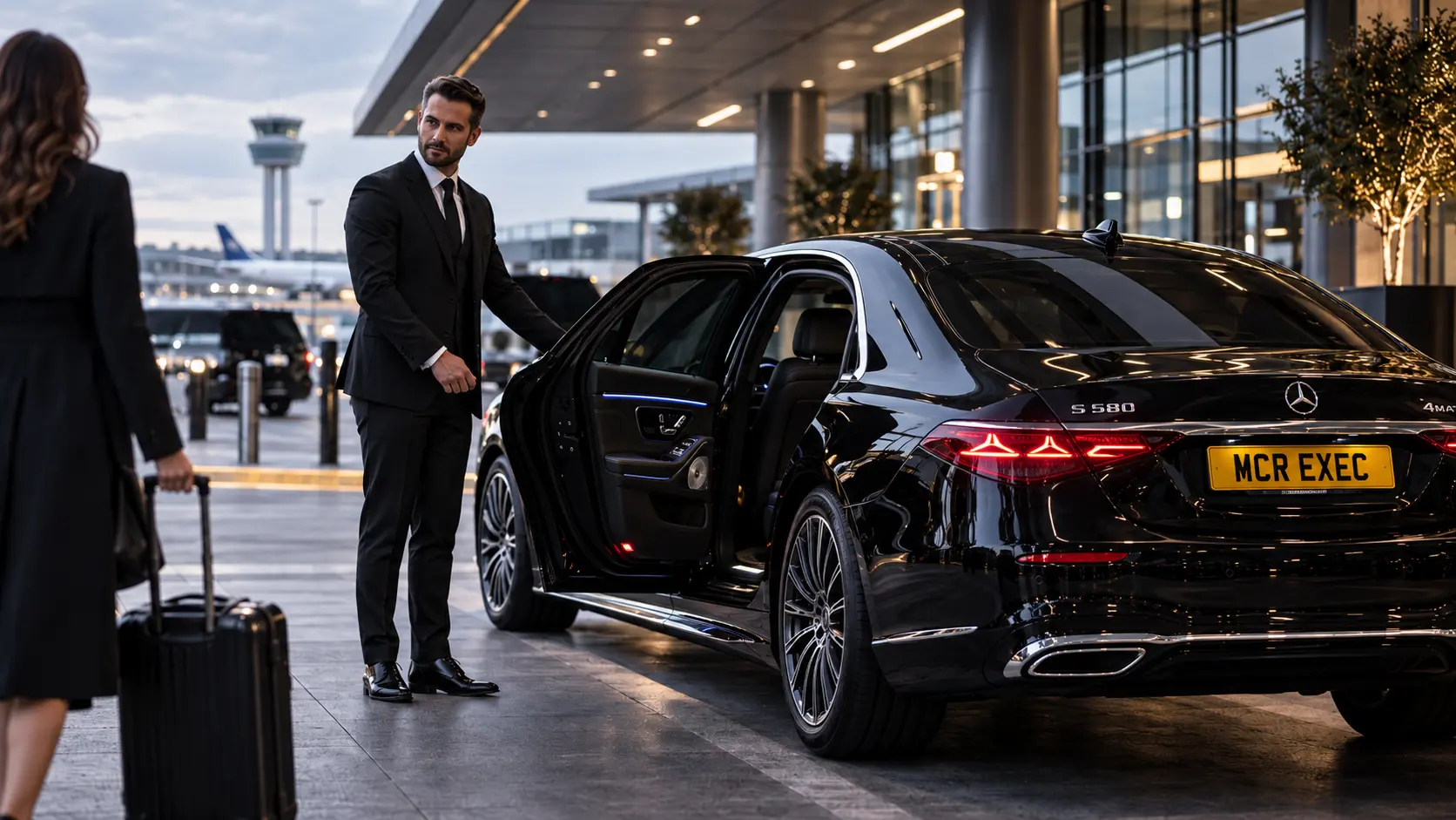 A professional chauffeur stands beside a black Mercedes S-Class with MCR EXEC number plate outside an airport terminal as a passenger approaches with luggage.