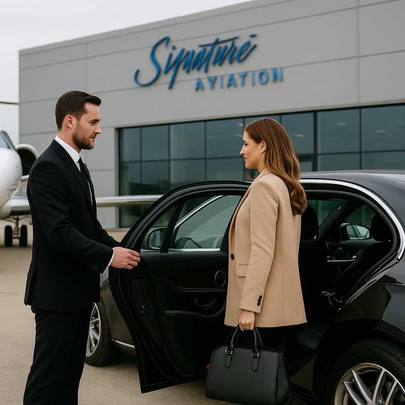 Chauffeur opens car door for businesswoman arriving at Signature Aviation with private jet in background
